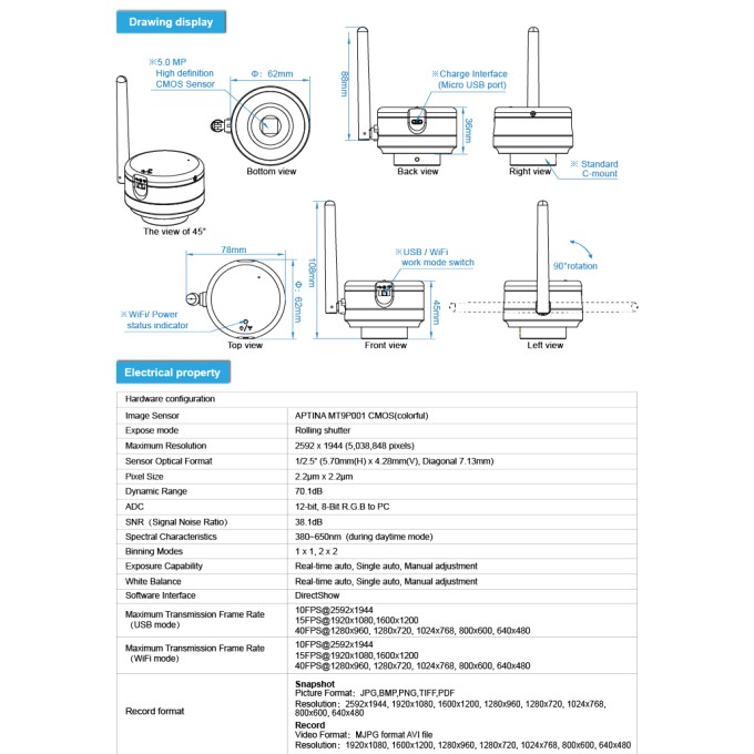 Camera wireless 5Mpx pentru microscoape 